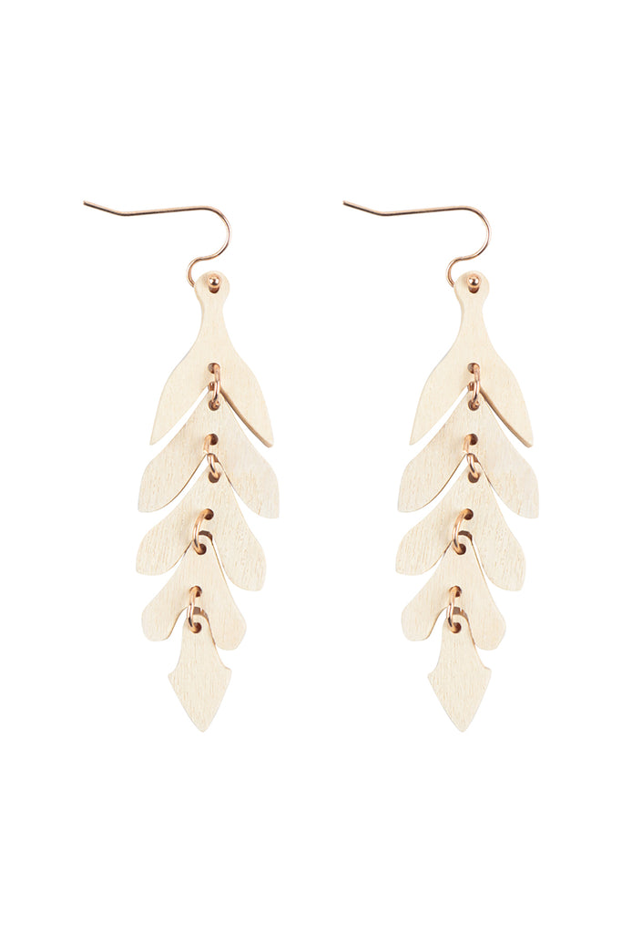 WOOD NARROW LEAF DANGLE DROP EARRINGS