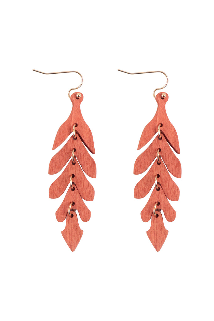 WOOD NARROW LEAF DANGLE DROP EARRINGS