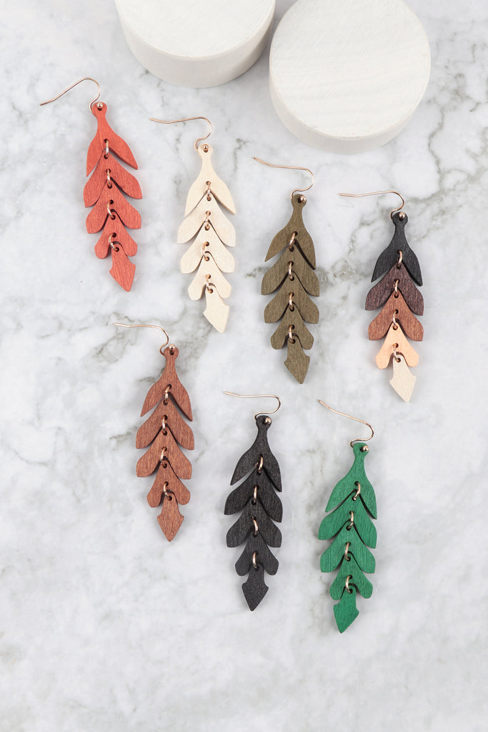WOOD NARROW LEAF DANGLE DROP EARRINGS