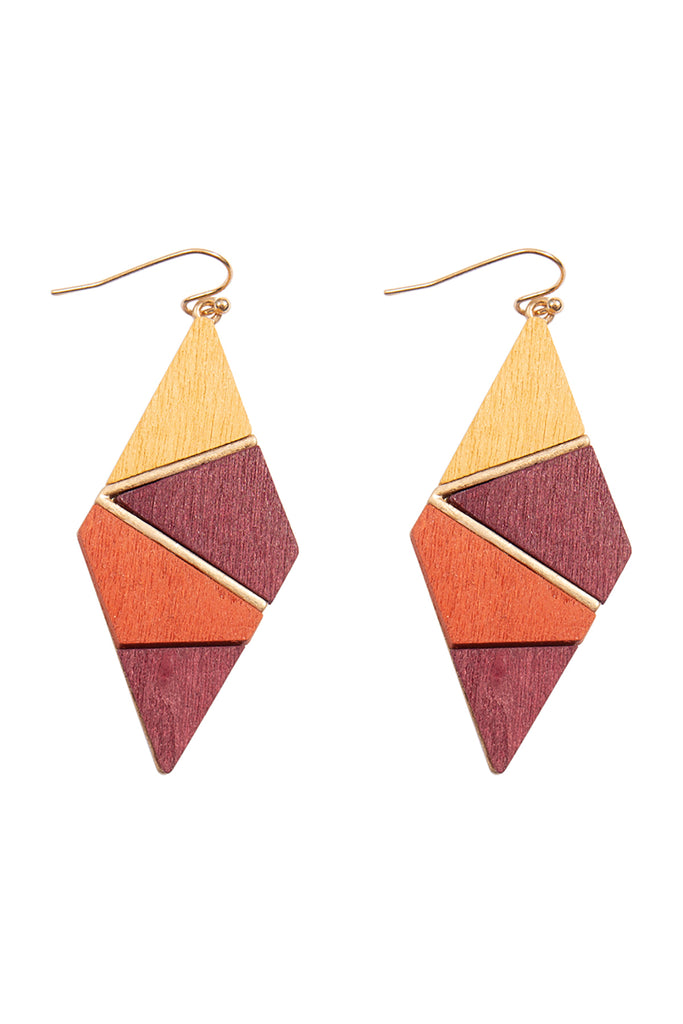 DIAMOND SHAPE WOOD MULTI COLORED DROP EARRINGS