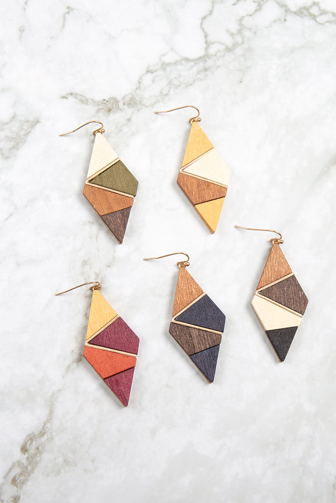 DIAMOND SHAPE WOOD MULTI COLORED DROP EARRINGS