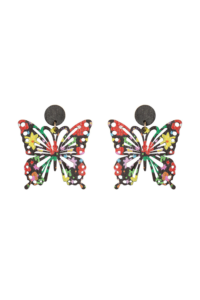 BUTTERFLY SHAPE WOOD PRINT DANGLE EARRINGS