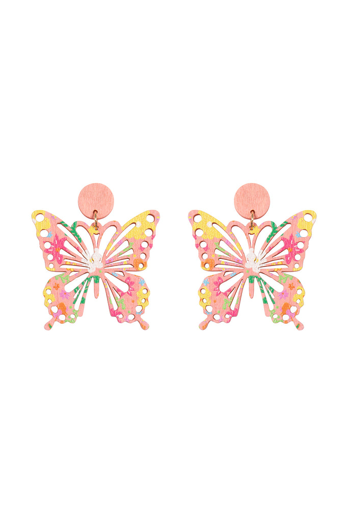 BUTTERFLY SHAPE WOOD PRINT DANGLE EARRINGS