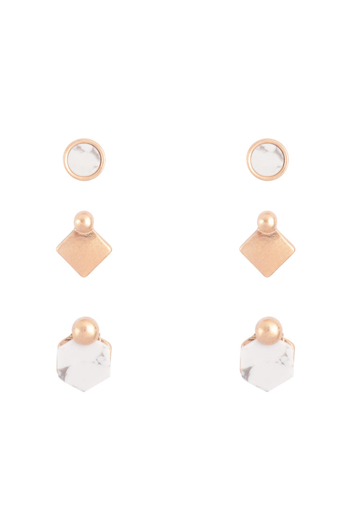SEMI PRECIOUS STONE GEOMETRIC SHAPE STUD 3SET EARRINGS