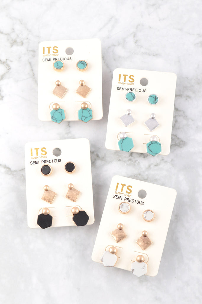 SEMI PRECIOUS STONE GEOMETRIC SHAPE STUD 3SET EARRINGS