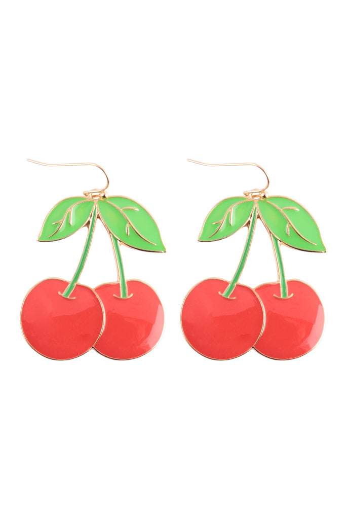 CHERRY ENAMEL DANGLE FISH HOOK EARRINGS