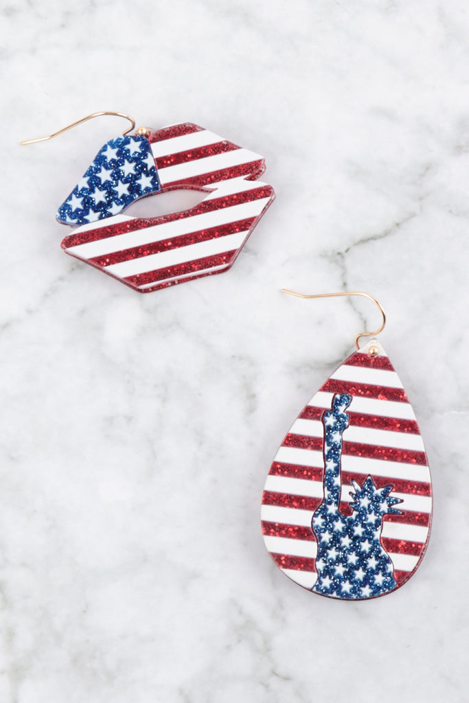 STATUE OF LIBERTY FLAG ACRYLIC TEARDROP EARRINGS