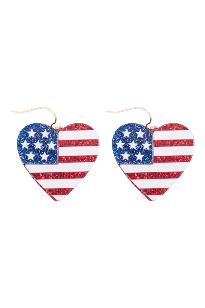 HEART SHAPE USA FLAG ACRYLIC GLITTER HOOK EARRINGS