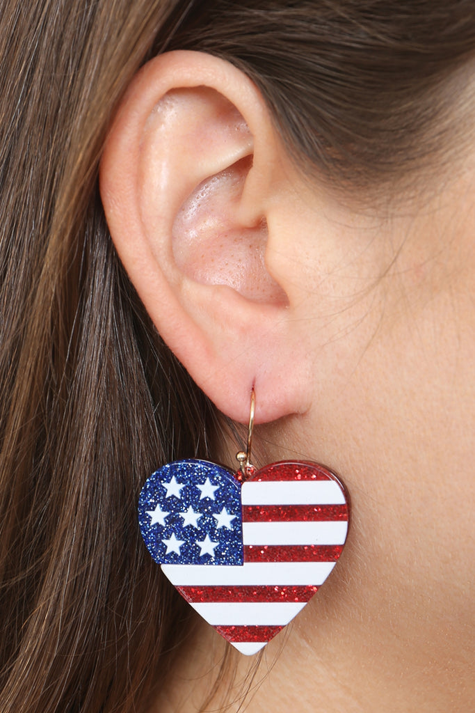 HEART SHAPE USA FLAG ACRYLIC GLITTER HOOK EARRINGS