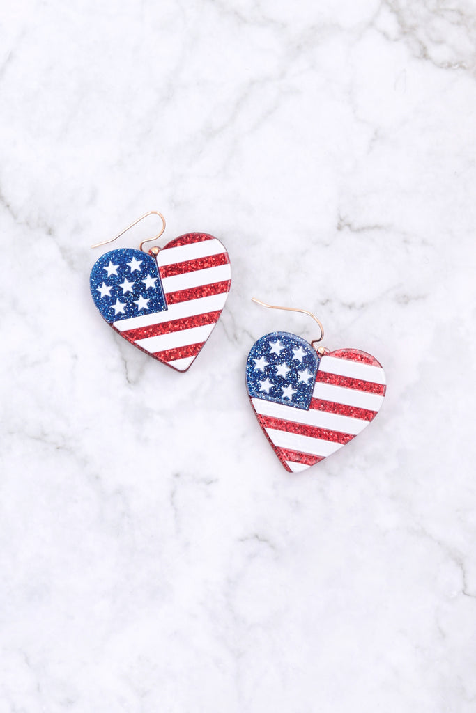 HEART SHAPE USA FLAG ACRYLIC GLITTER HOOK EARRINGS