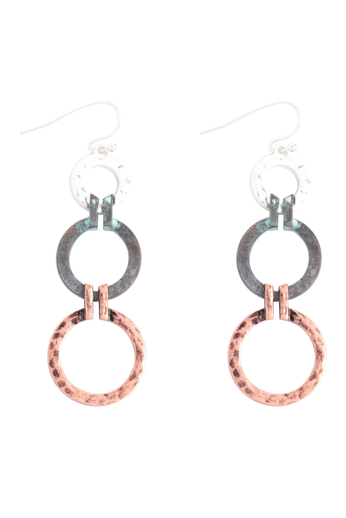 HAMMERED CIRCLE DANGLING FISH HOOK EARRINGS
