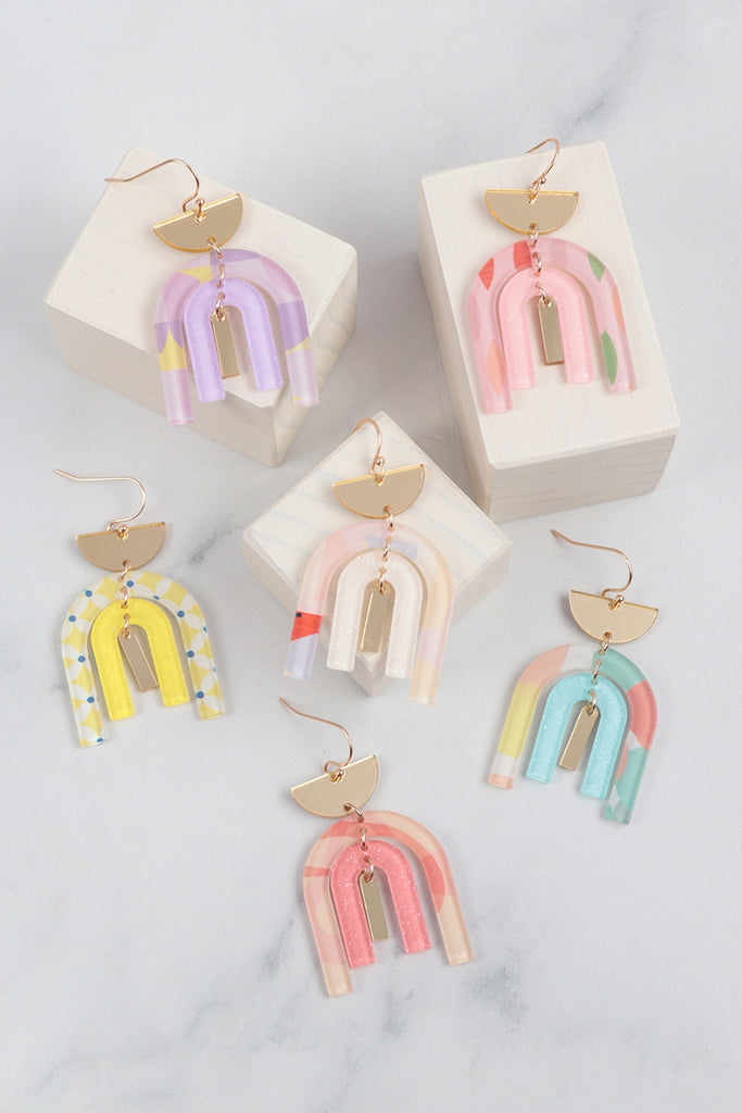 SPRING PRINT ACRYLIC ARC SHAPE FISH HOOK EARRINGS