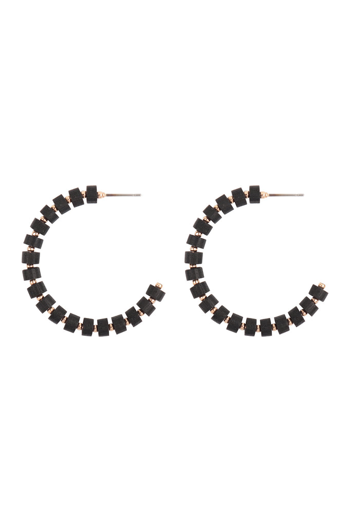 WOOD BEADED C SHAPE HOOP EARRINGS