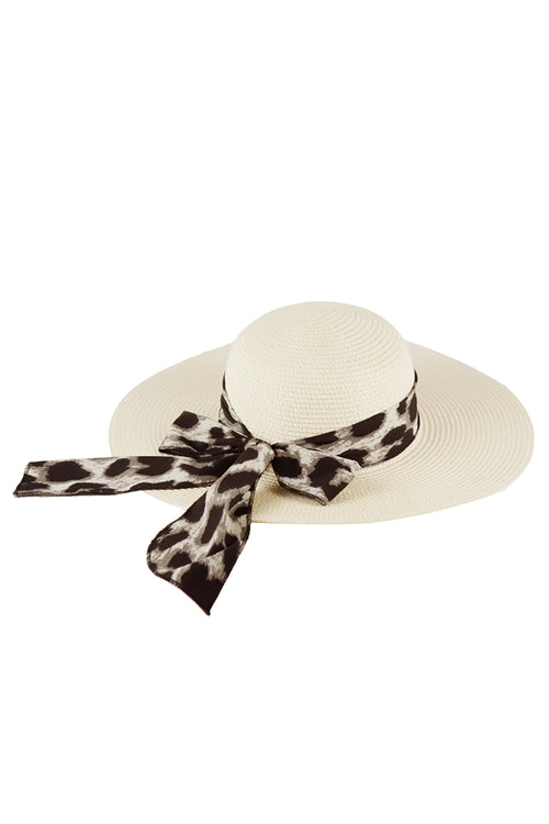 LEOPARD PRINT BOW SUMMER STRAW FLOPPY HAT