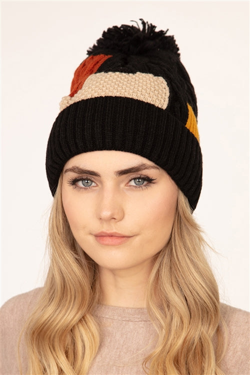 PATCH FLEECE POMPOM BEANIE ACRYLIC