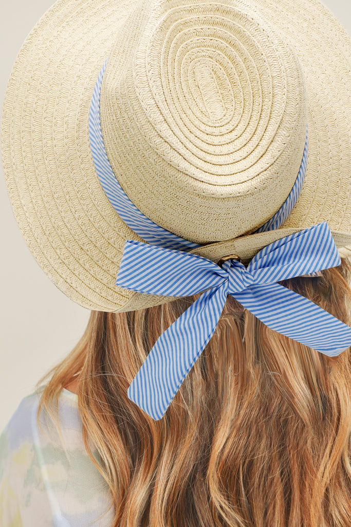 FOLD STRIPED BOW STRAW HAT BEIGE WITH PINK BAND