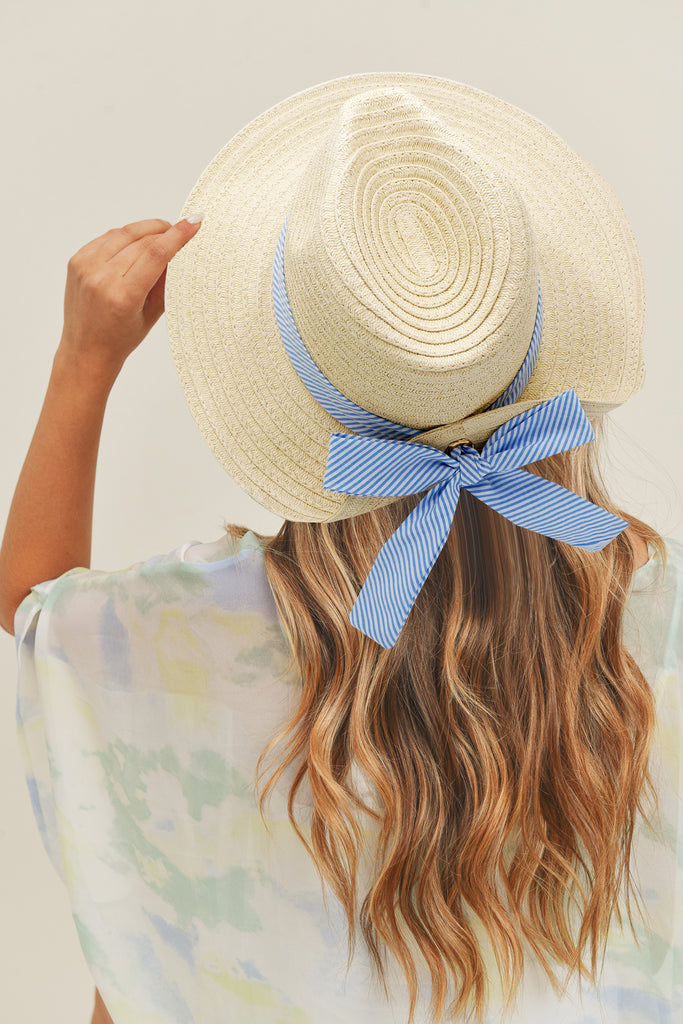 FOLD STRIPED BOW STRAW HAT BEIGE WITH PINK BAND