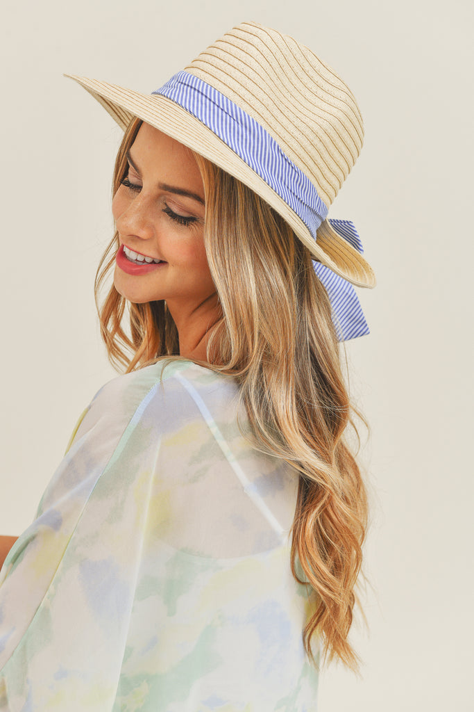 FOLD STRIPED BOW STRAW HAT BEIGE WITH PINK BAND
