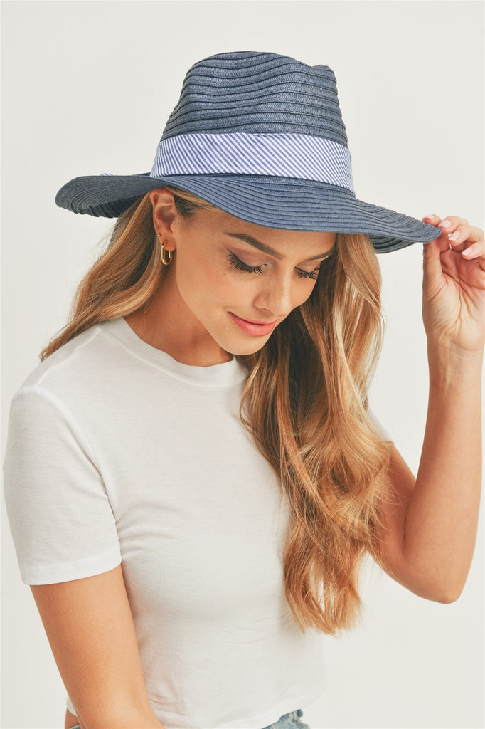 FOLD STRIPED BOW STRAW HAT BEIGE WITH PINK BAND