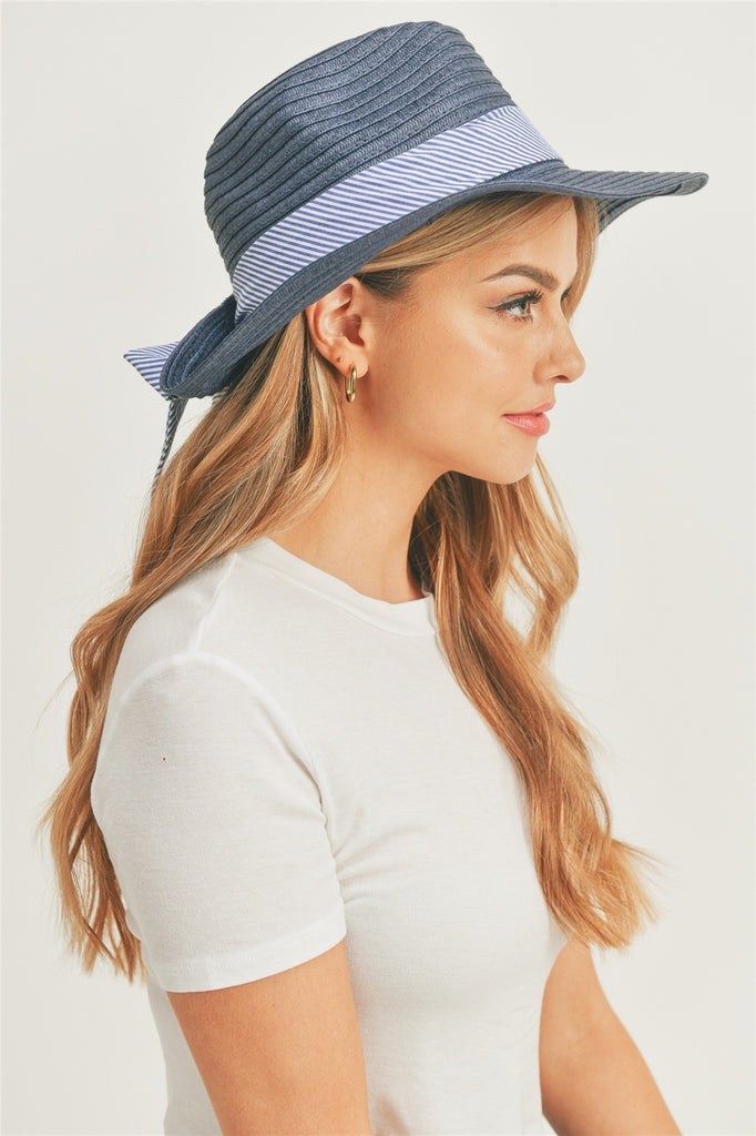 FOLD STRIPED BOW STRAW HAT BEIGE WITH PINK BAND