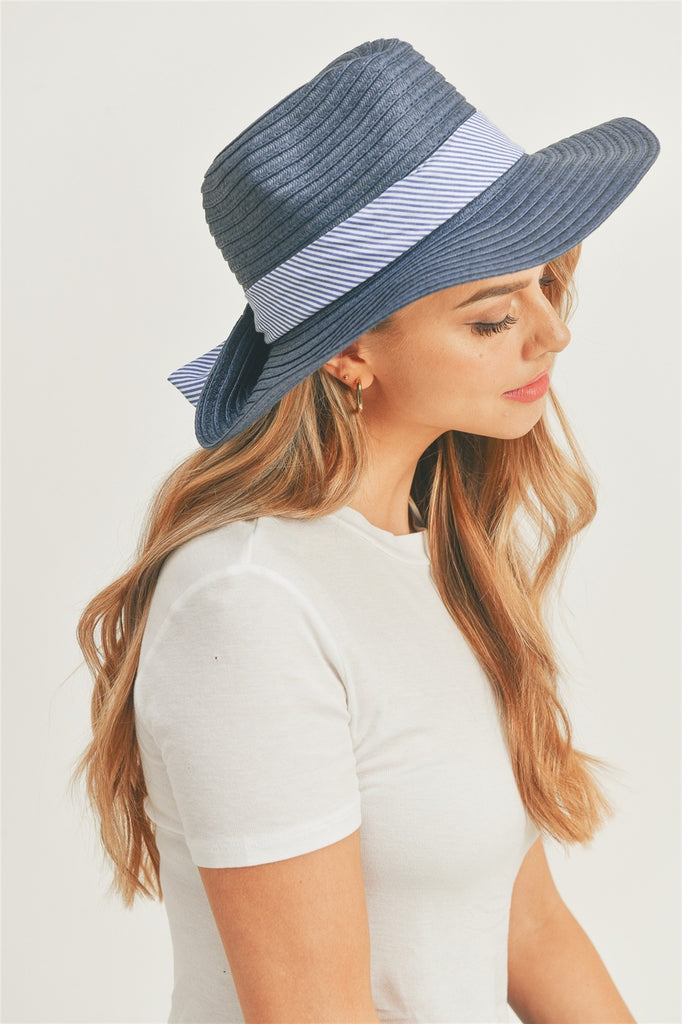 FOLD STRIPED BOW STRAW HAT BEIGE WITH PINK BAND