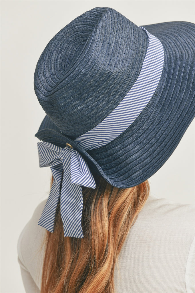 FOLD STRIPED BOW STRAW HAT BEIGE WITH PINK BAND
