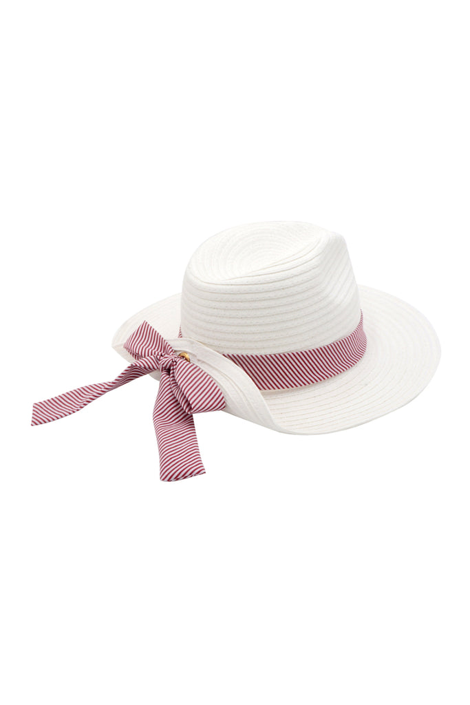 FOLD STRIPED BOW STRAW HAT BEIGE WITH PINK BAND
