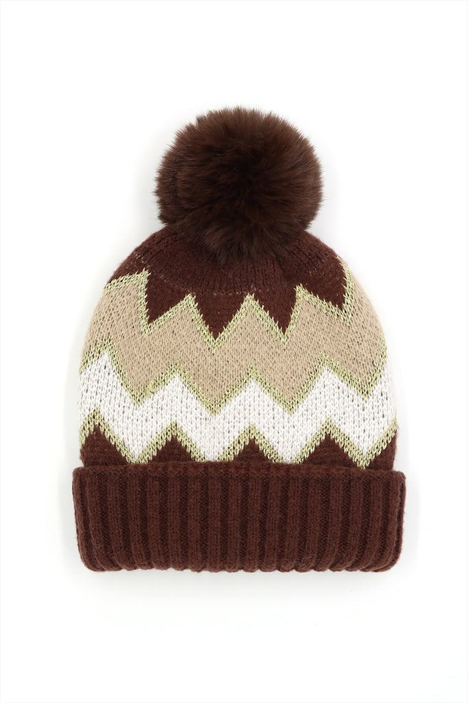 CHEVRON POMPOM FUZZY FLEECE BEANIE