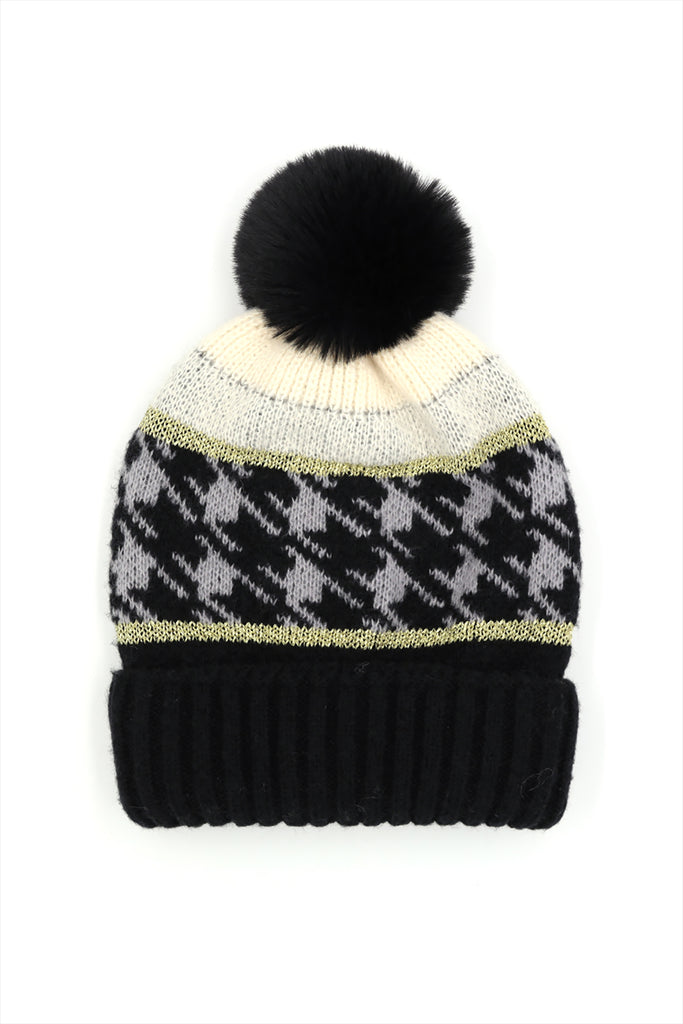 HOUNDSTOOTH BEANIE W/ POMPOM