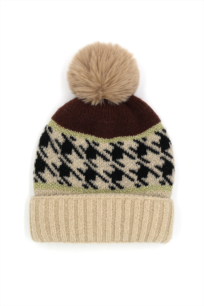 HOUNDSTOOTH BEANIE W/ POMPOM