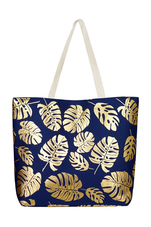 GOLD FOIL TROPICAL LEAVES BEACH TOTE BAG