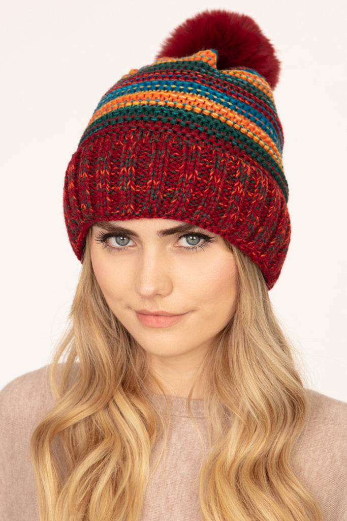 MULTICOLOR STRIPE FLEECE POMPOM BEANIE