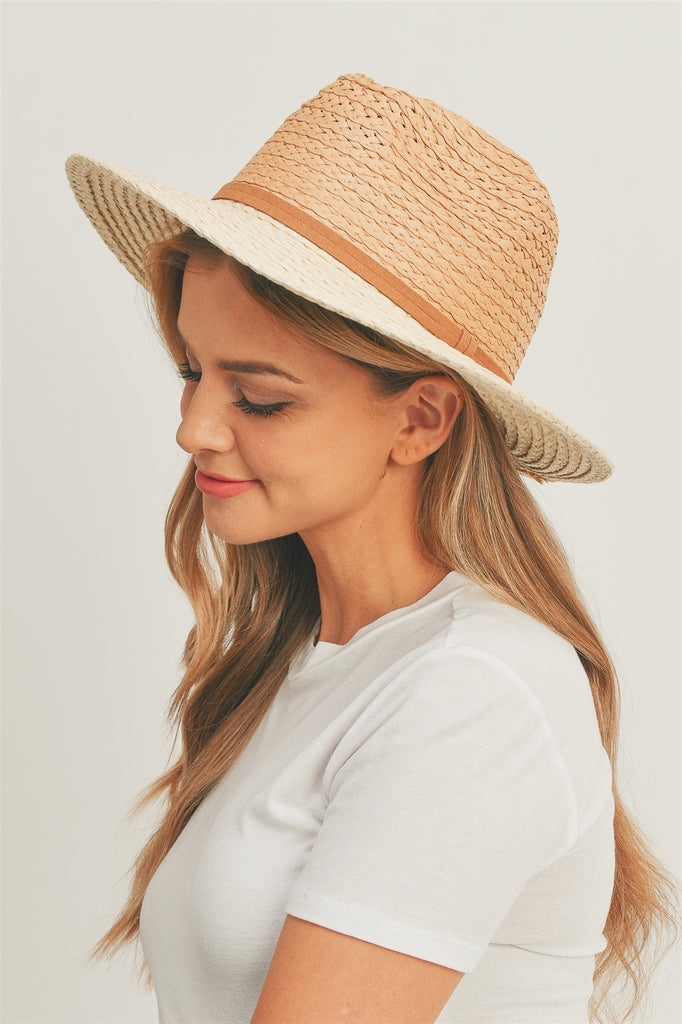 TWO TONE SUN HAT WITH SUEDE DOUBLE BAND