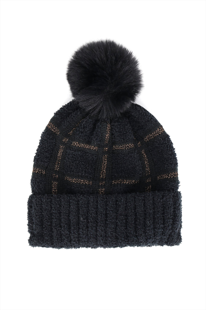 PLAID PATTERN POMPOM BEANIE