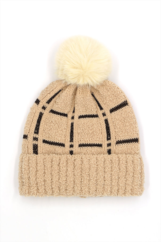 PLAID PATTERN POMPOM BEANIE