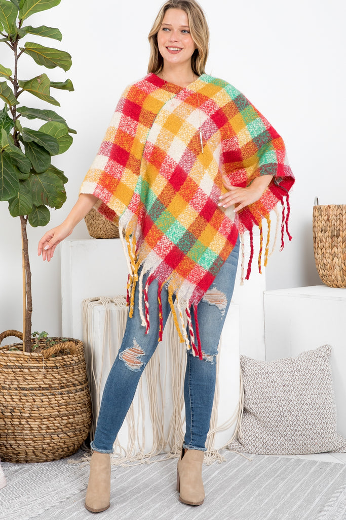 MS0187 - MULTICOLOR PLAID FRINGE PONCHO