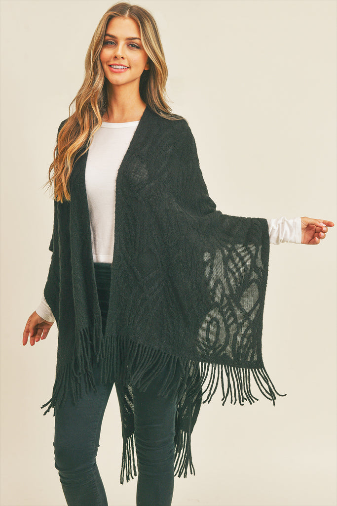 EMBOSSED PATTERN TASSEL RUANA