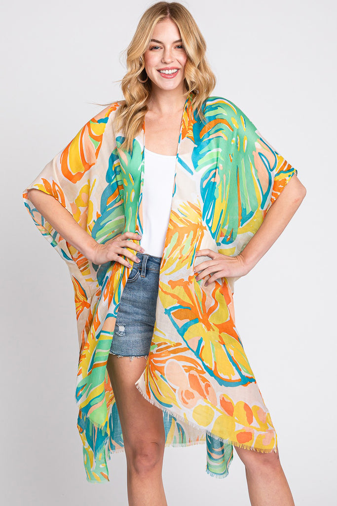 HAND DRAWN TROPICAL LEAVES KIMONO