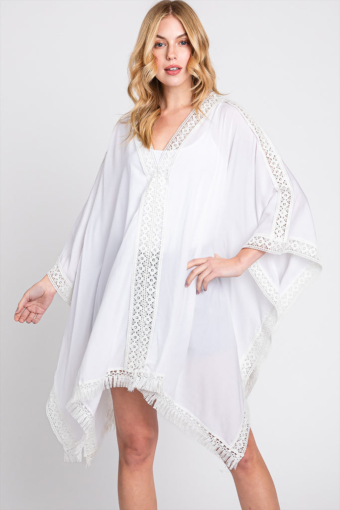 AZTEC LACE TRIM DETAIL PONCHO WITH TASSEL