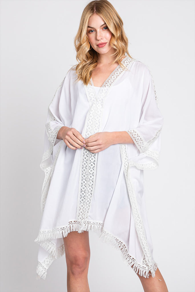 AZTEC LACE TRIM DETAIL PONCHO WITH TASSEL