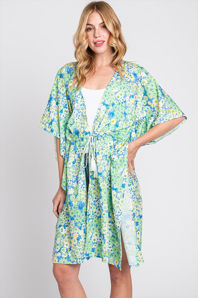 FLOWER PRINT SELF-TIE DRAWSTRING OPEN FRONT COVER