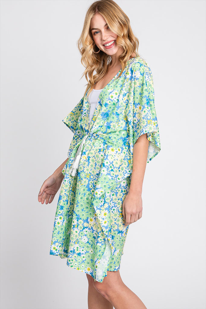 FLOWER PRINT SELF-TIE DRAWSTRING OPEN FRONT COVER