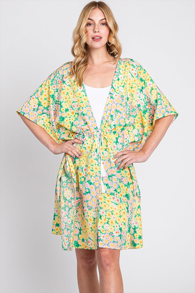 FLOWER PRINT SELF-TIE DRAWSTRING OPEN FRONT COVER