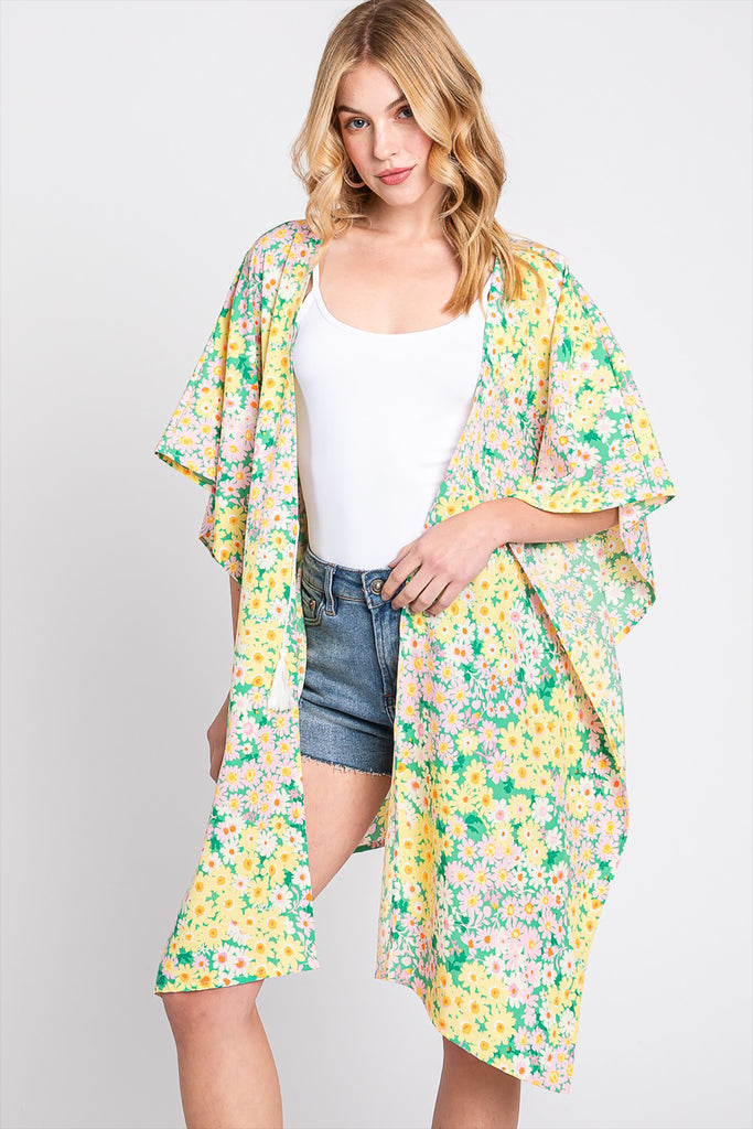 FLOWER PRINT SELF-TIE DRAWSTRING OPEN FRONT COVER