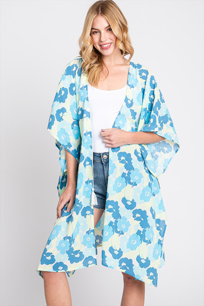 FLOWER PRINT SELF-TIE DRAWSTRING OPEN FRONT COVER-UP