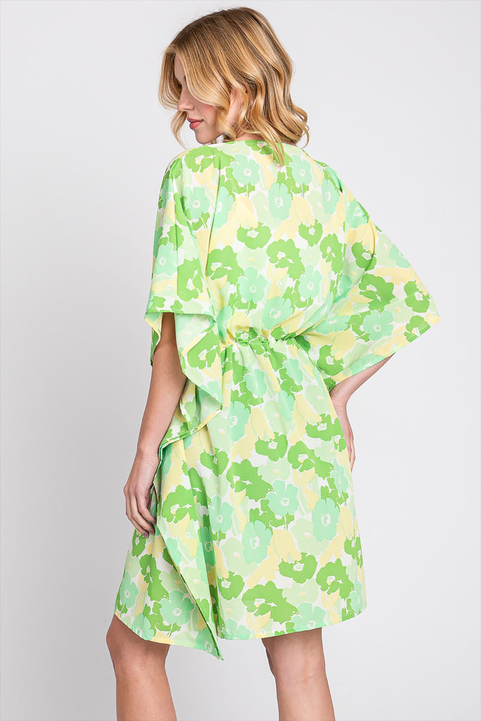FLOWER PRINT SELF-TIE DRAWSTRING OPEN FRONT COVER-UP