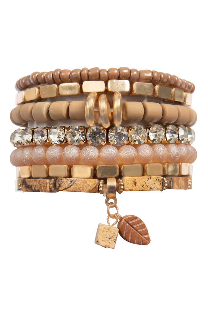 MIX STONE BEADS CCB RHINESTONE LEAF PENDANT, CHARM LEYERED VERSATILE BRACELET SET