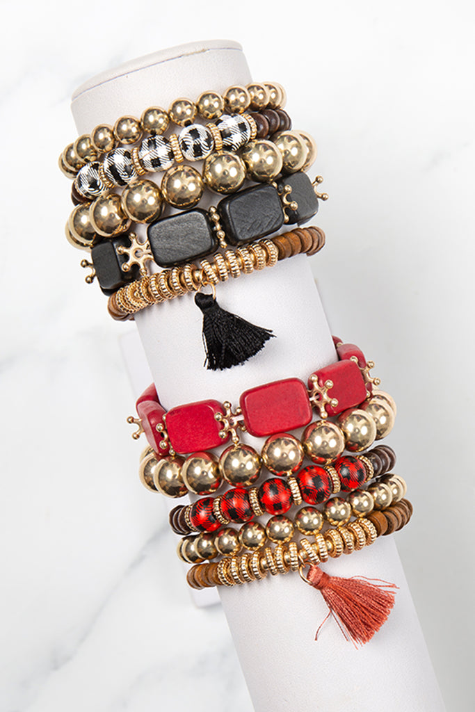 CHECK PATTERN WOOD SQUARE BEAD, TASSEL PENDANT, CHARM, VERSATILE BRACELET SET