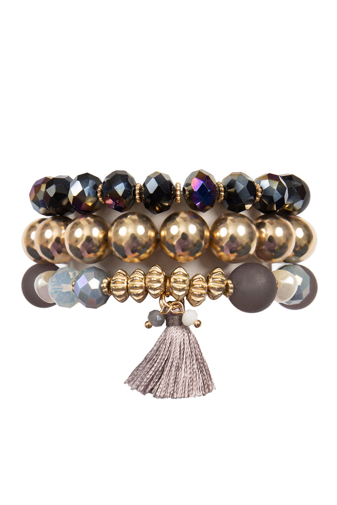 GLASS BEADS CCB, TASSEL PENDANT, LAYERED CHARM BRACELET