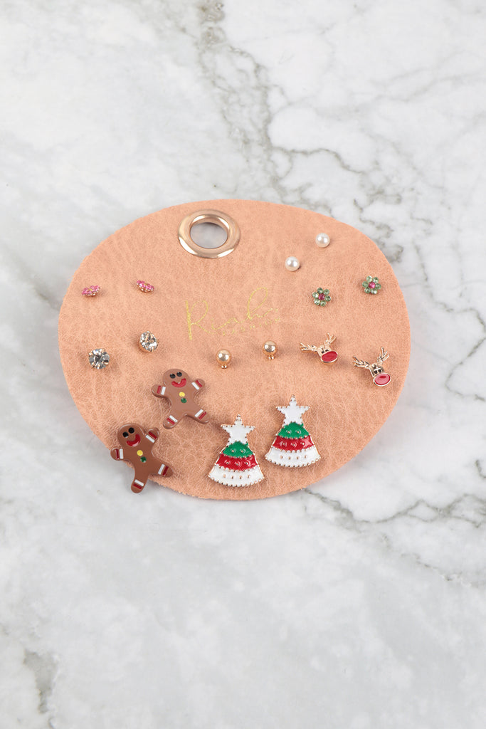 CHRISTMAS TREE, GINGERBREAD, DEER, POST SET EARRINGS